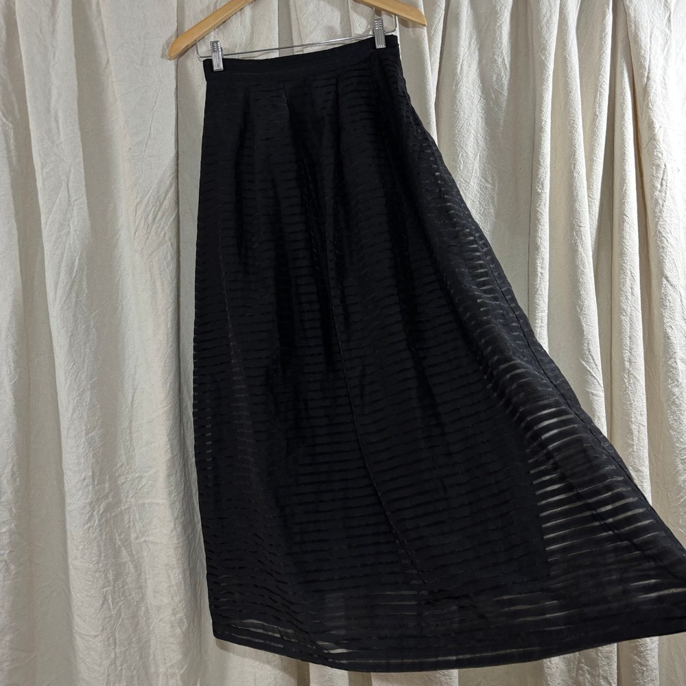 Black Sheer Striped Lined Pleated A-Line Maxi Retro Goth Formal Skirt XS